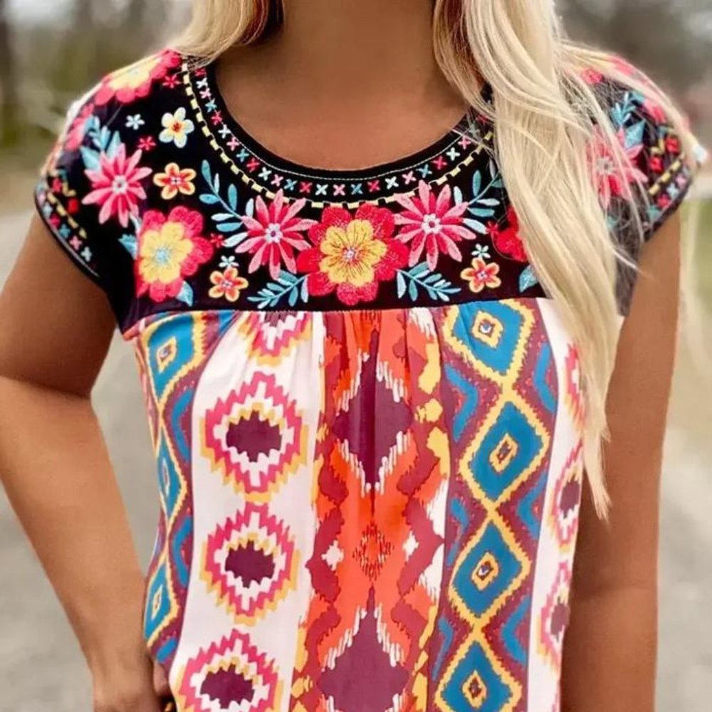 Multicolor Floral Aztec Geometric Cap Sleeve Top